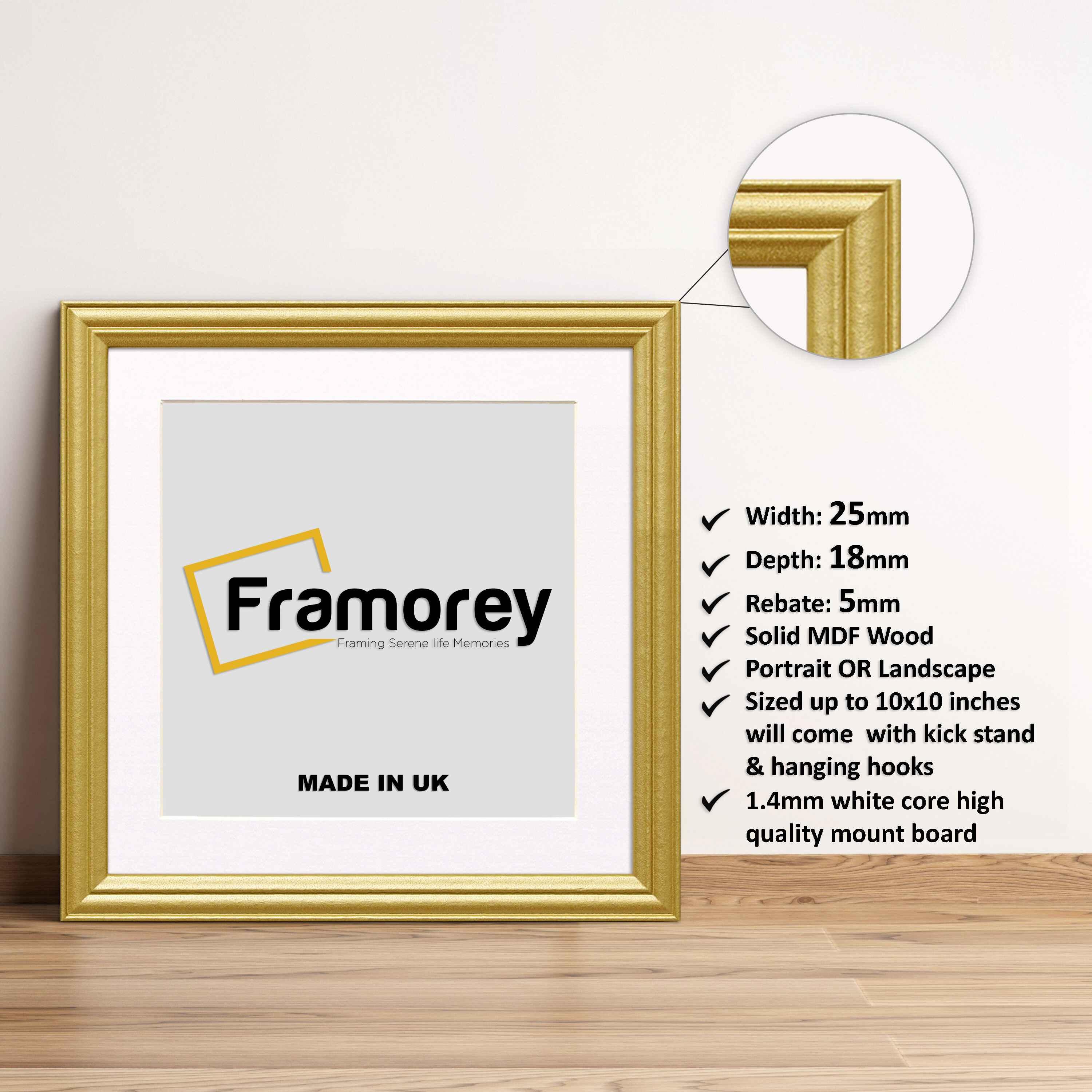 Antique Square Gold Photo Frame with White Mount with some details about frame on its left side.