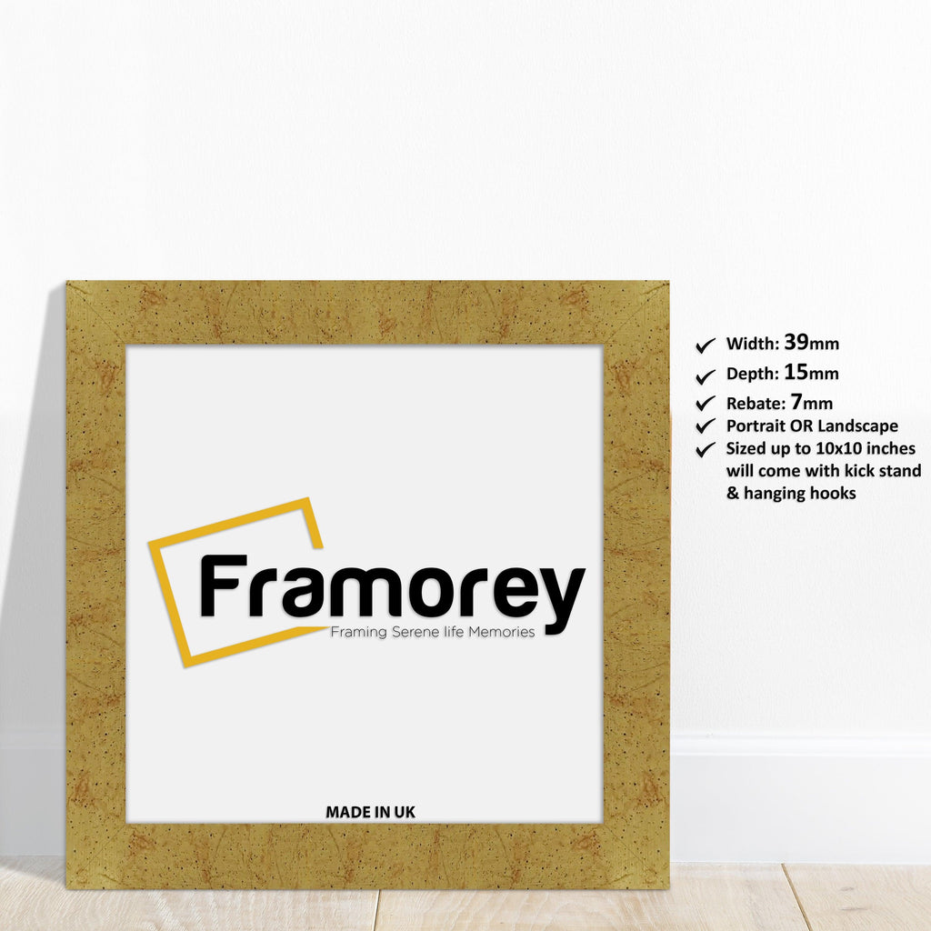 Square Gold Picture Frames Handmade Wooden Photo Frames with a Framorey logo and some detail on its measurement.