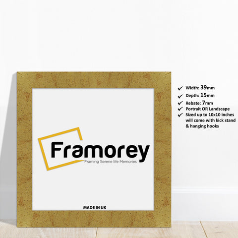 Square Gold Picture Frames Handmade Wooden Photo Frames with a Framorey logo and some detail on its measurement.