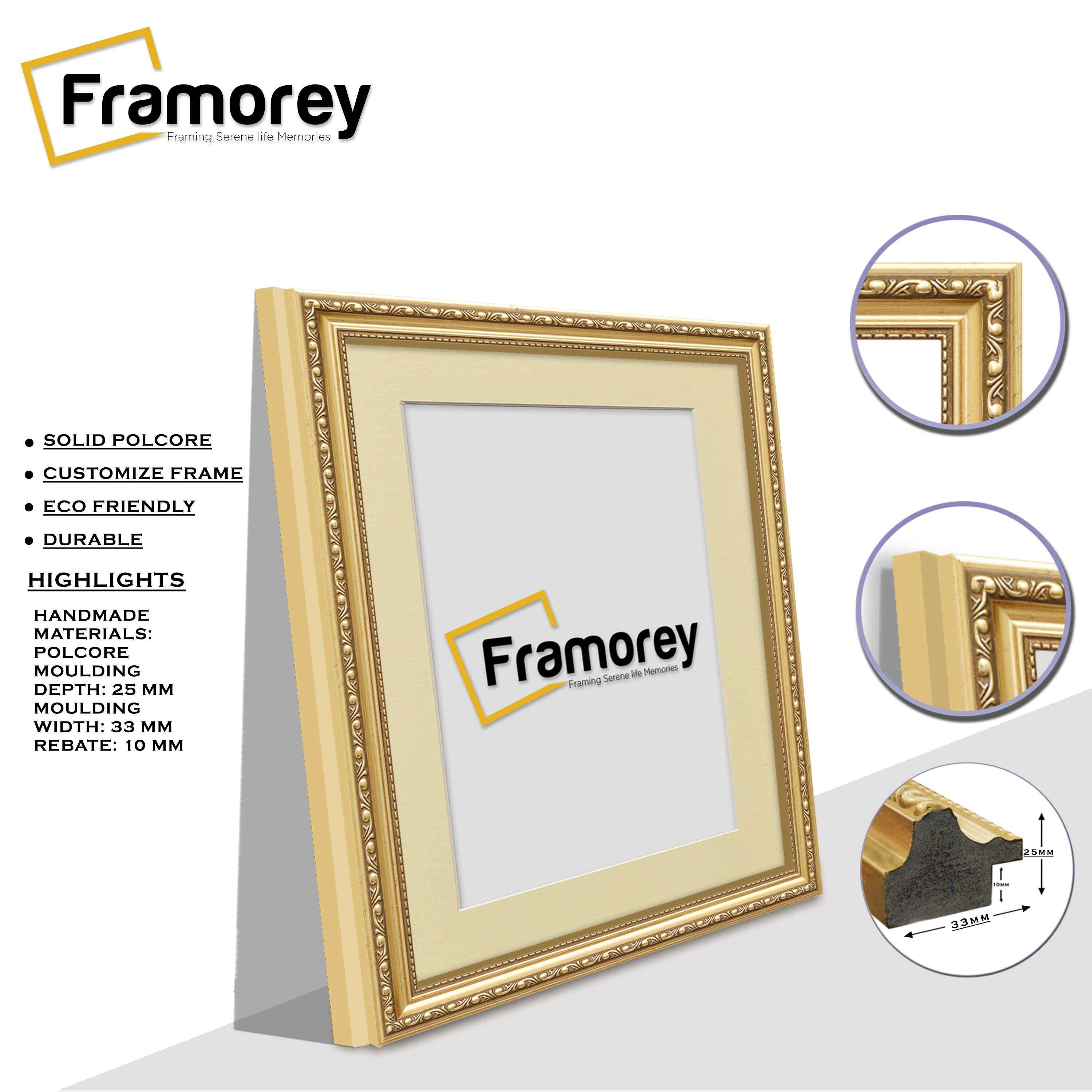Side view of a square gold ivory mount shabby chic poster frame highlighting moulding details and frame depth