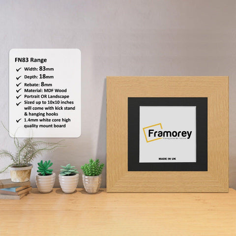 Square Oak Photo Print Frame with Black Mount with some detail on its measurement.