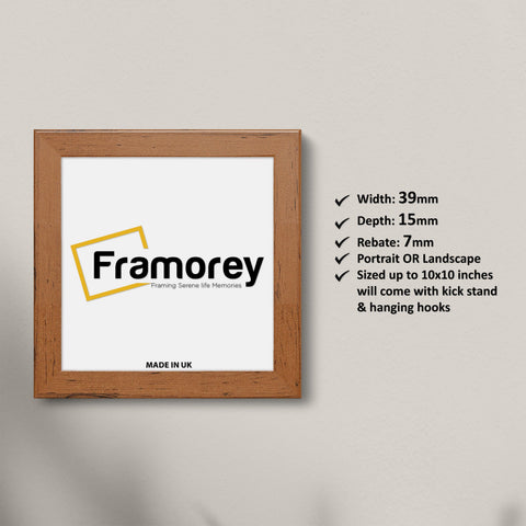 Square Walnut Picture Frames Handmade Wooden Photo Frames with a framorey logo place inside it and some detail on its measurement.