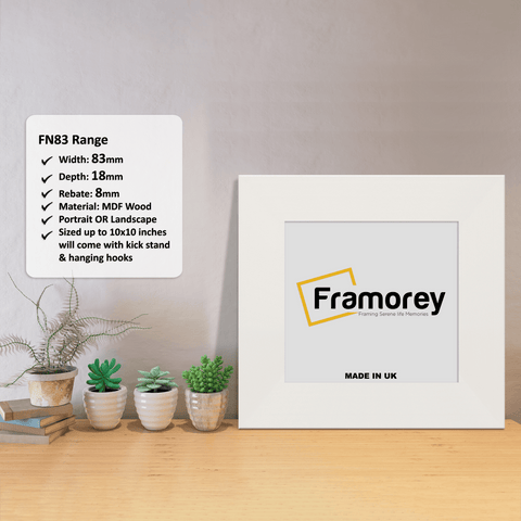 Square White Photo Frame with some detail on its measurement.
