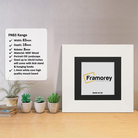 Square White Photo Print Frame with Black Mount with detail on its measurement