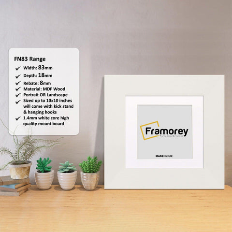 Square White Photo Print Frame with White Mount with some detail on its measurement.
