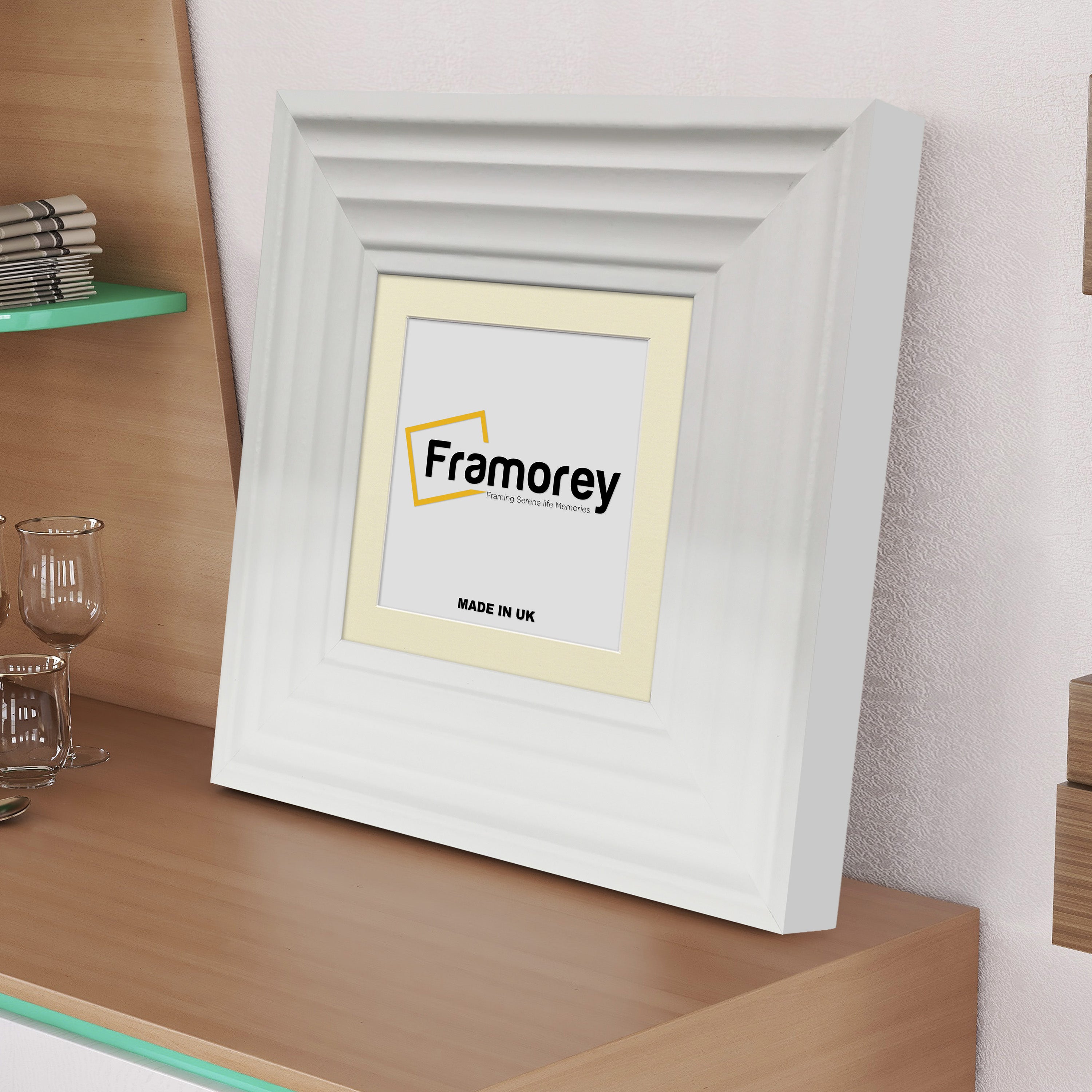 White Side View Picture Frame with Ivory mount placed on a wooden table.