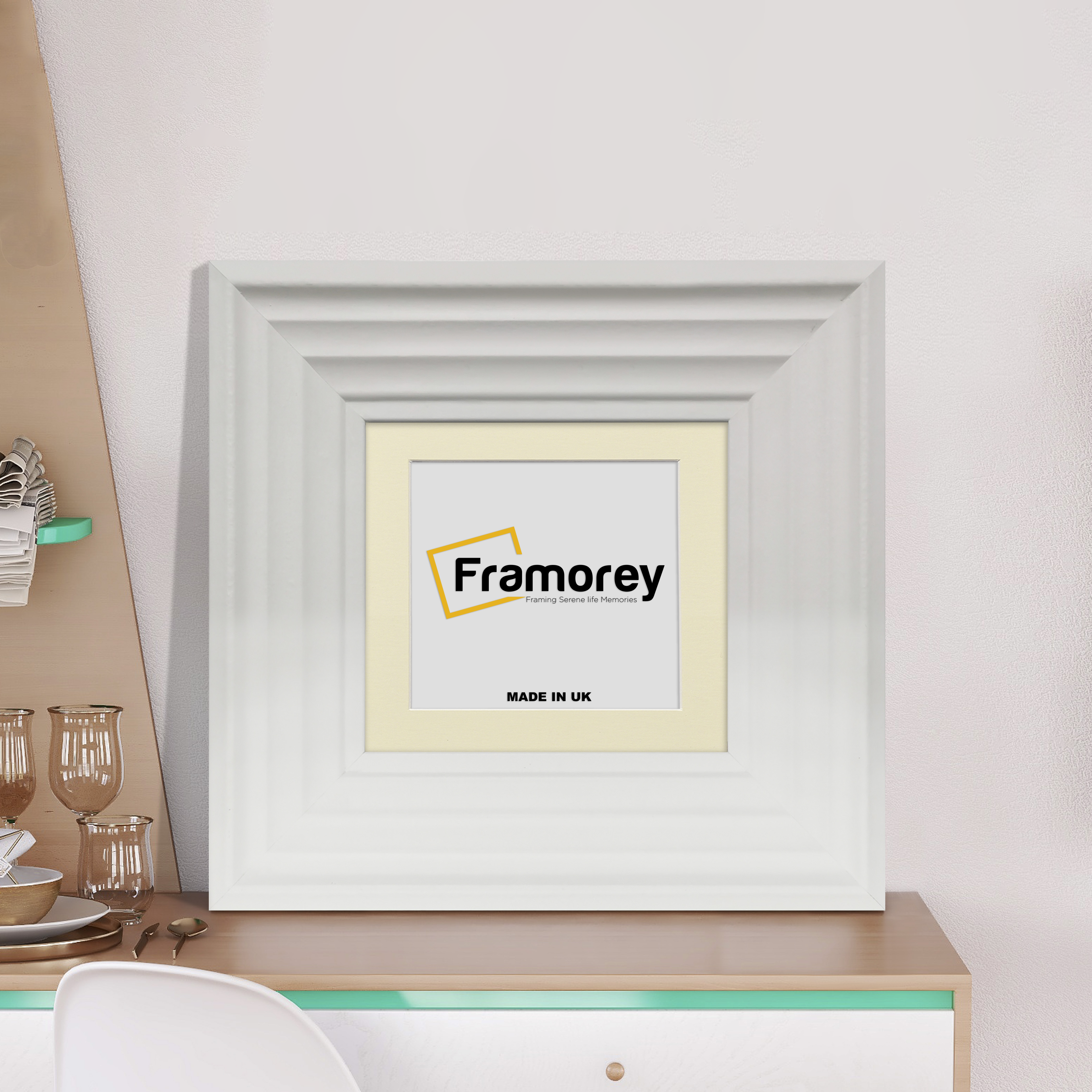 Square Size White Wooden Picture Frame with ivory mount.