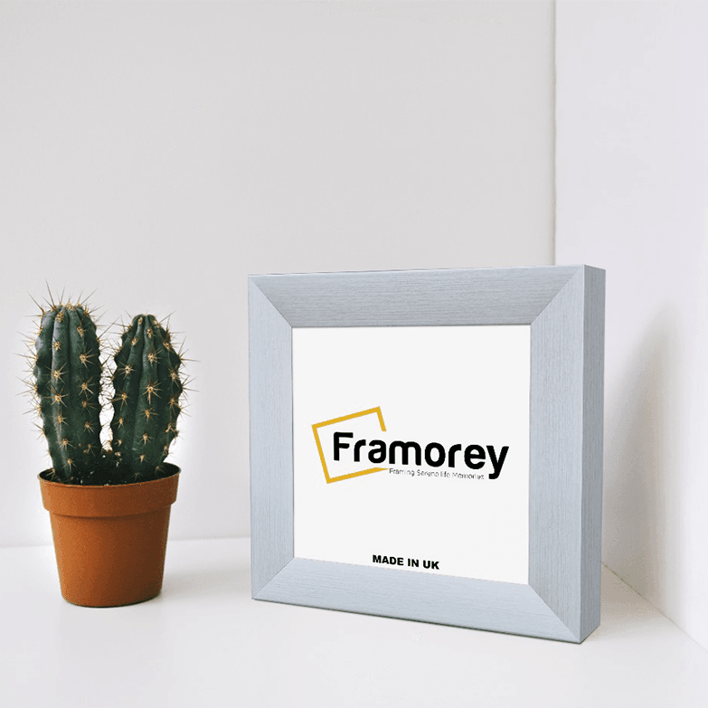 Square size white side view poster frame  standing on a floor with a cactus pot .