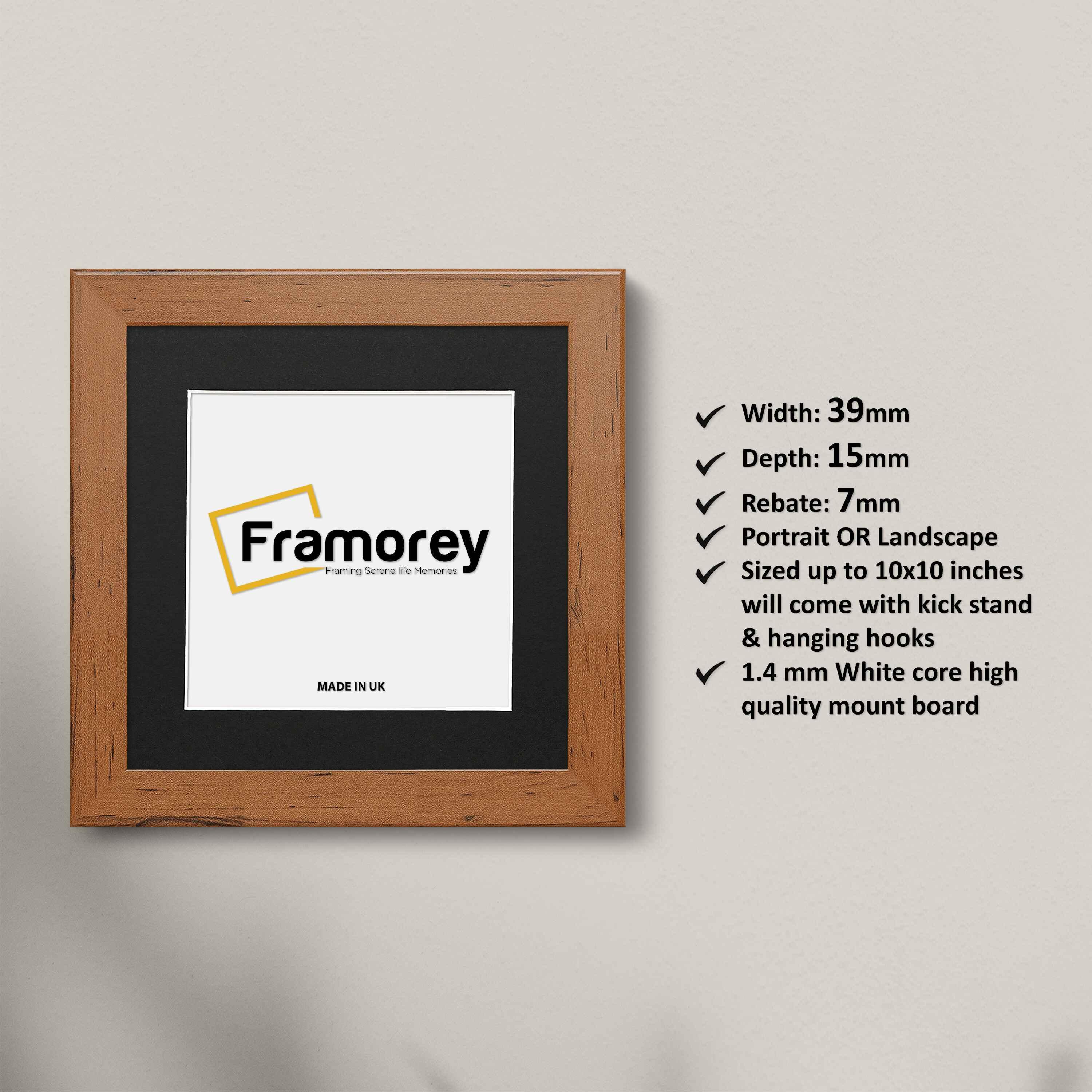 Square Handmade walnut wooden picture frame with black mount with some detail on its right.