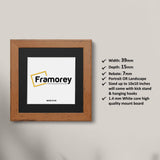 Square Handmade walnut wooden picture frame with black mount with some detail on its right.