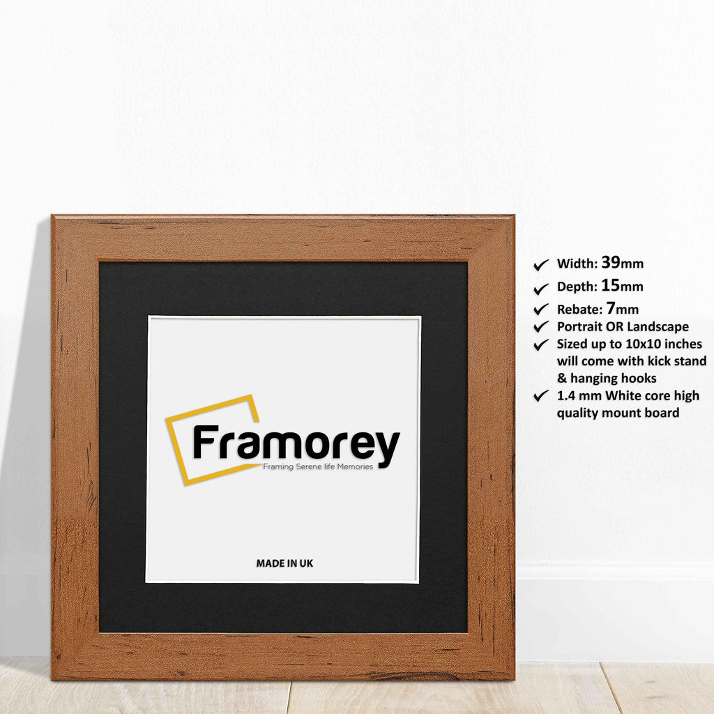 Square Handmade walnut wooden Photo print frame with black mount with some detail on its measurement.