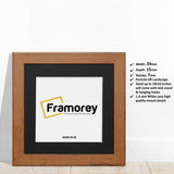 Square Handmade walnut wooden Photo print frame with black mount with some detail on its measurement.