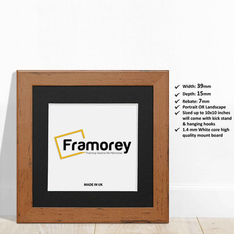 Square Handmade walnut wooden Photo print frame with black mount with some detail on its measurement.
