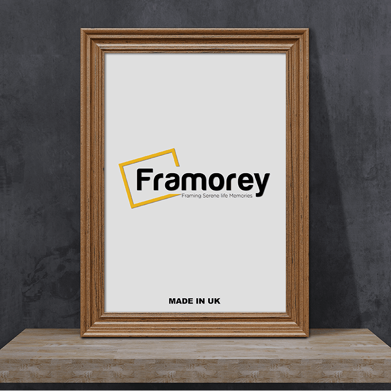 Swept Style Walnut Picture Frame Wall Décor Photo Frame is standing with the wall on a wooden slab.