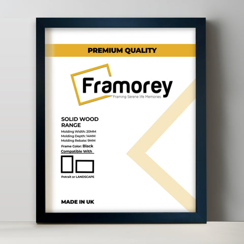 Thin Black Solid Wood picture frame shown from front view on a plain white surface standing with a wall