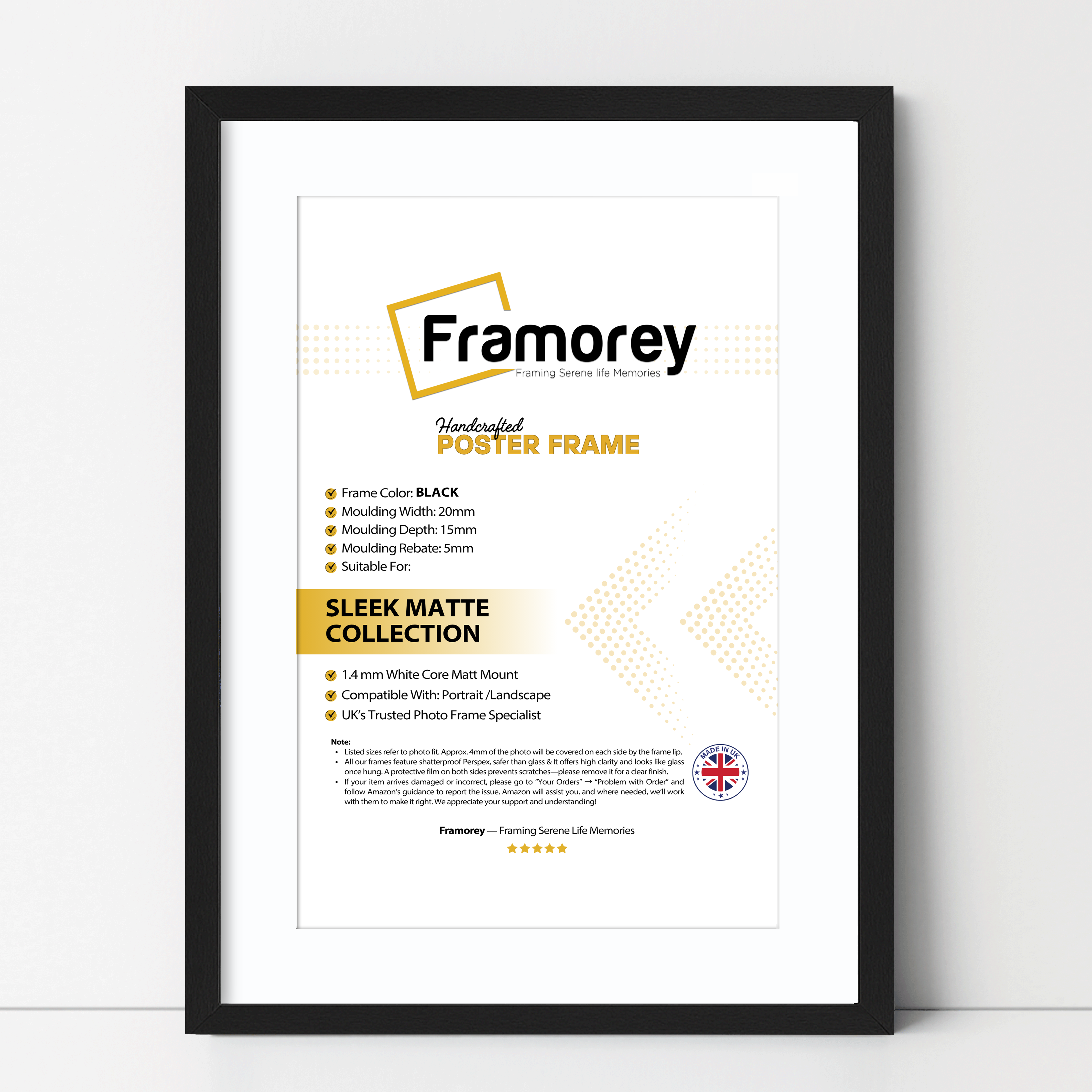 Black thin matt picture frame With White Mount shown from front view on a plain white surface standing with a wall