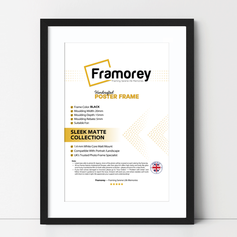 Black thin picture frame With White Mount on a plain white surface standing with a wall