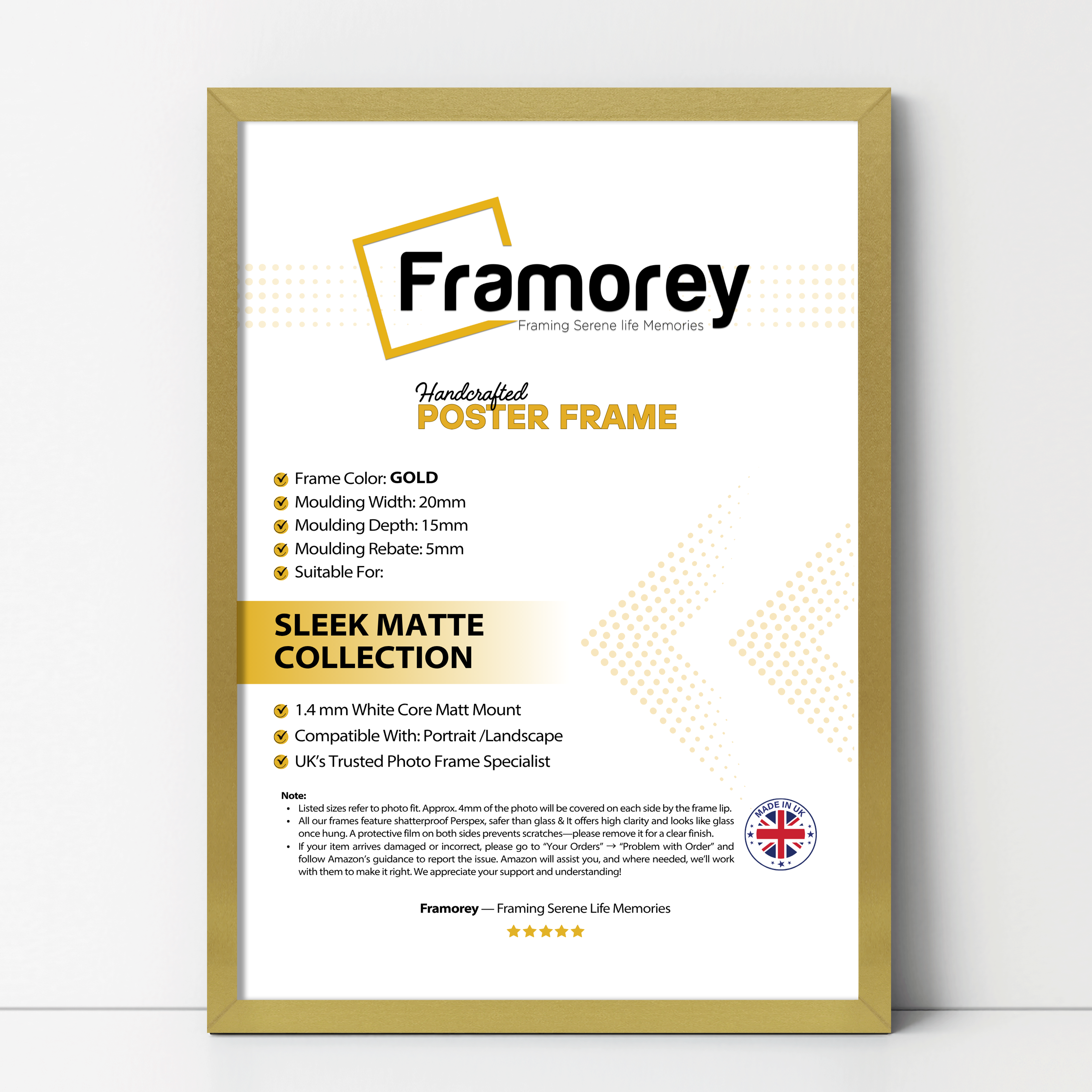 Thin Matt Gold picture frame shown from front view on a plain white surface standing with a Wall