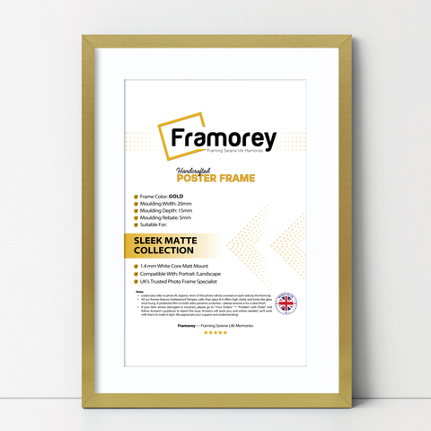 thin matt gold picture frame With White Mount shown from front view on a plain white surface standing with a wall