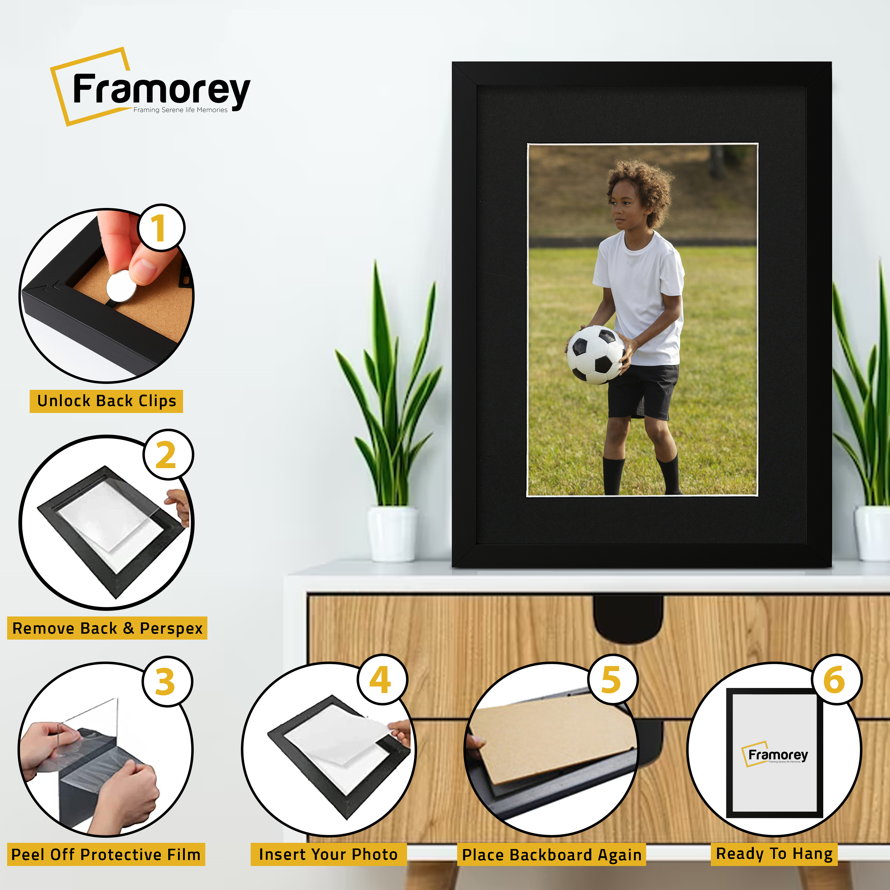 Step-by-step guide showing how to insert a photo into a picture frame