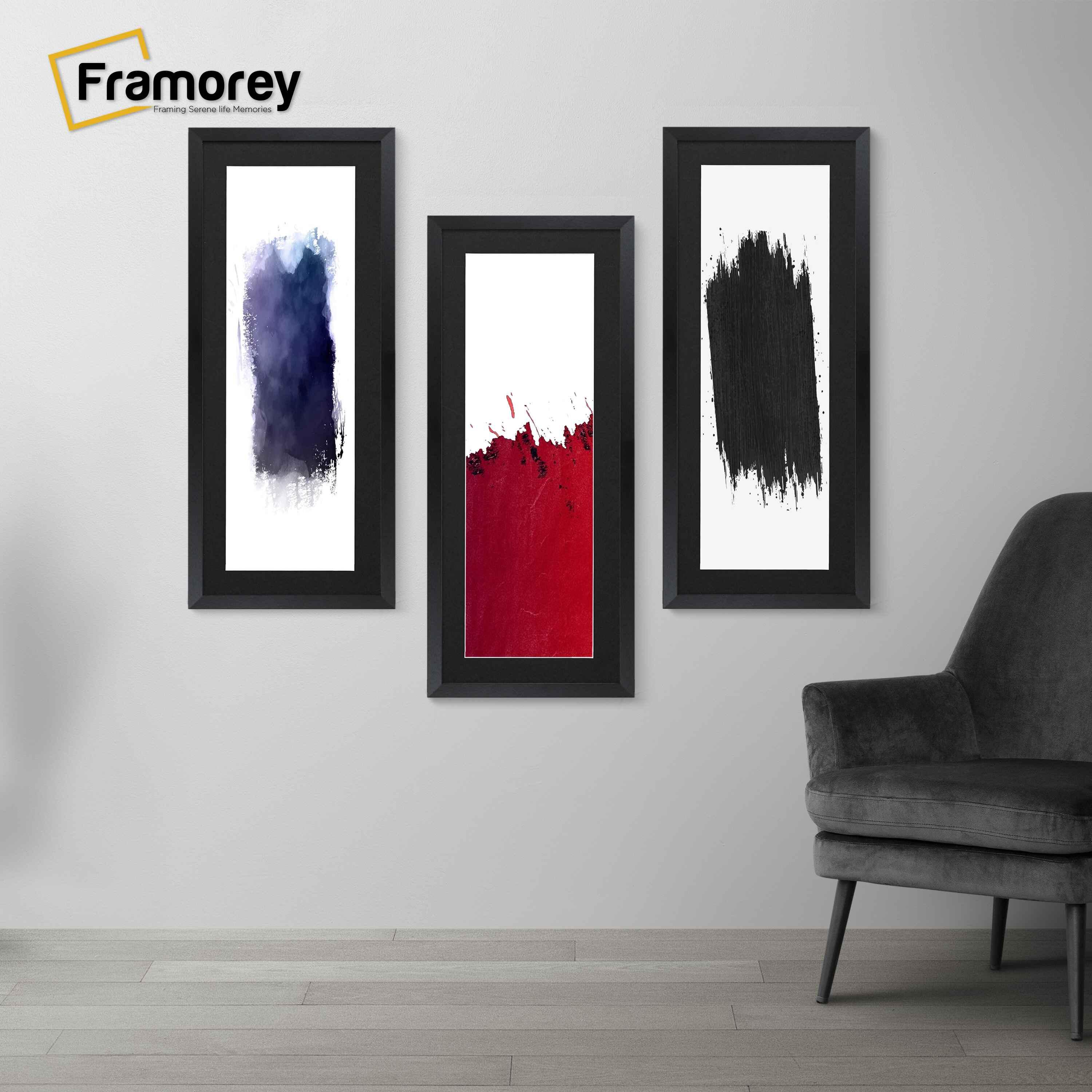 Three Thin Matt Panoramic Black Picture Frame With Black Mount hanging on a wall one after the other.