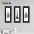 Three Thin Matt Panoramic Black Pictures Frames With Black Mount hanging on a wall with different pictures placed in them.
