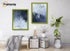 Two Lime Green picture frame hanged on a wall over some furniture.