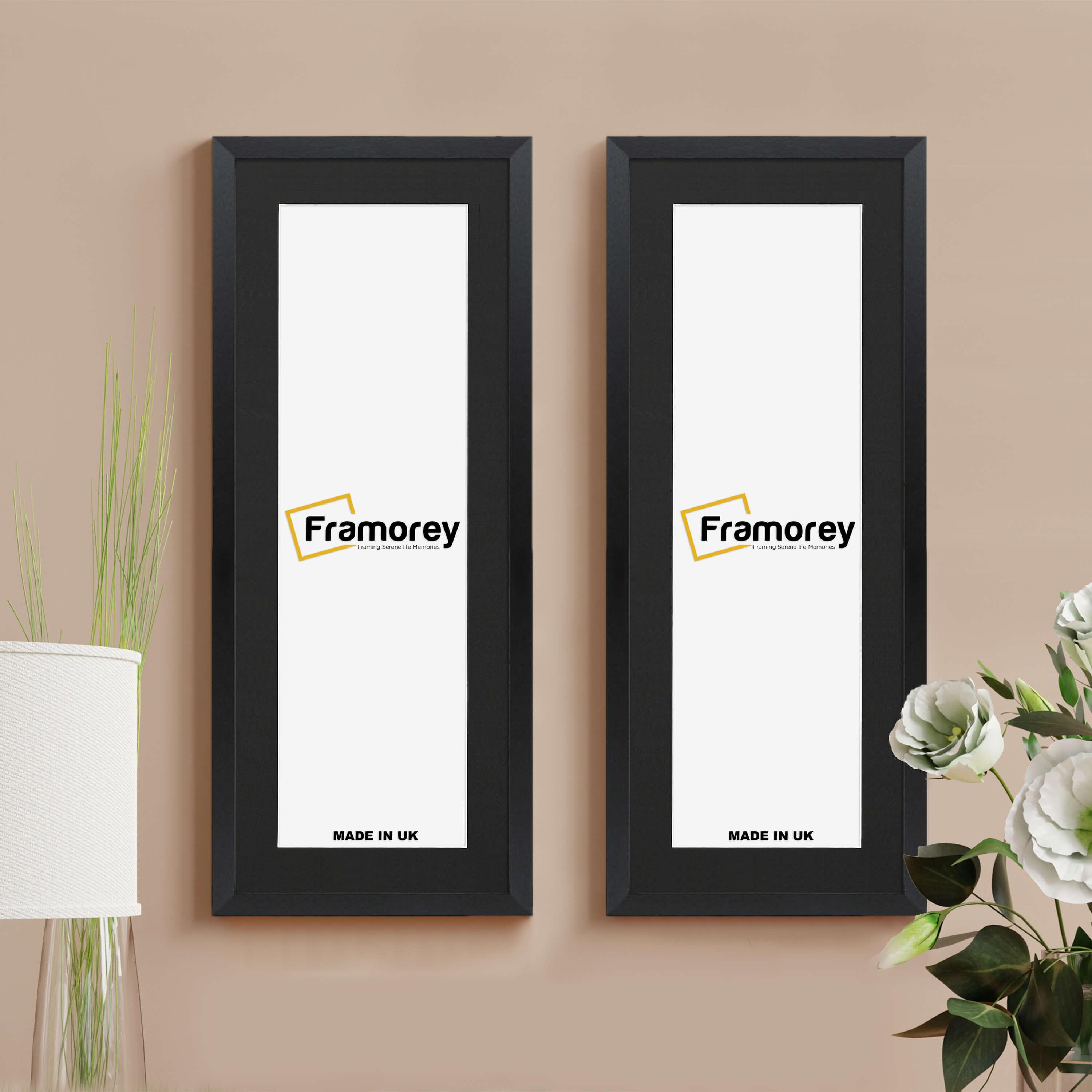 Two Thin Matt Panoramic Black Poster Frame With Black Mount hanging on a wall.
