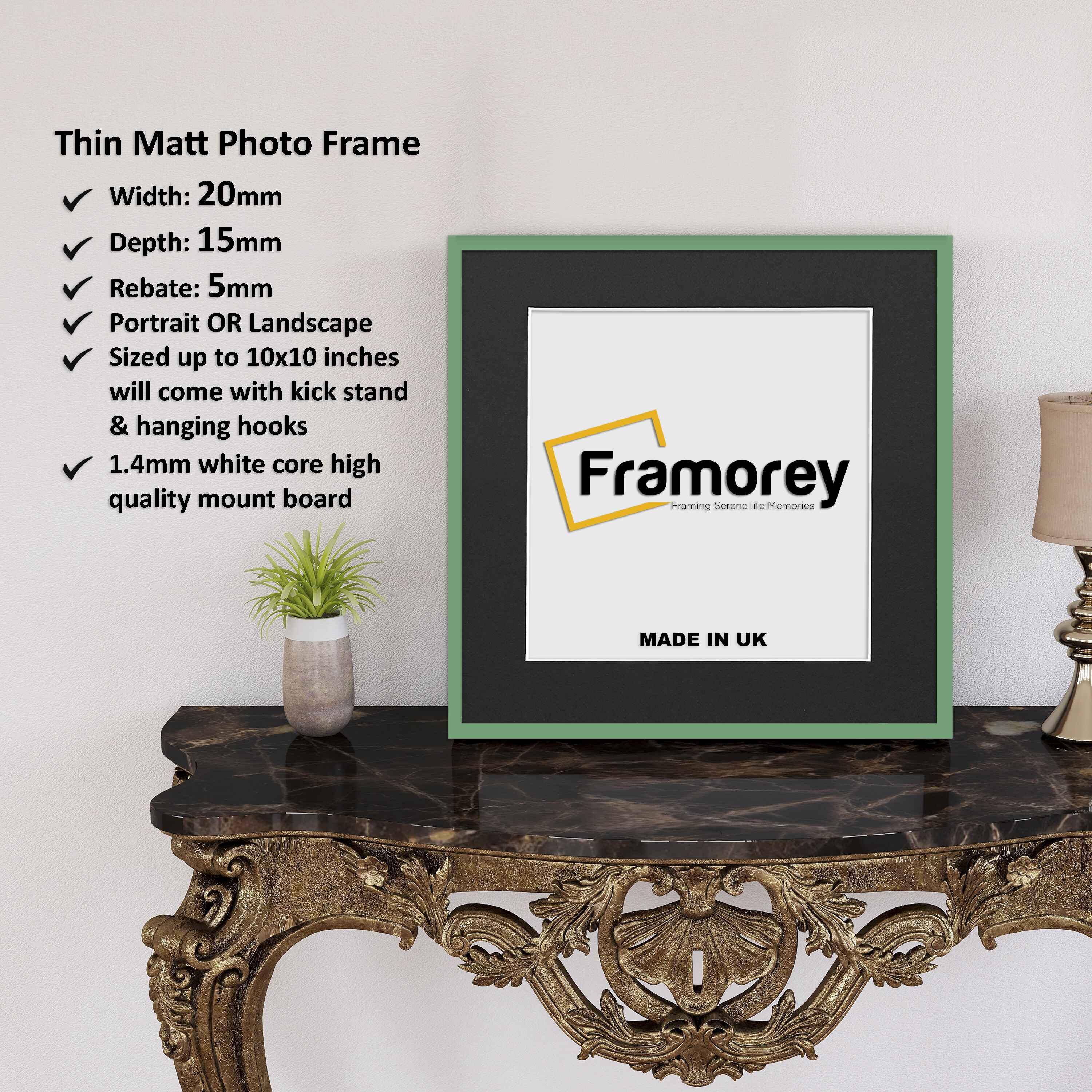 Square Size Thin Matt Green Picture Frames With Black Mount