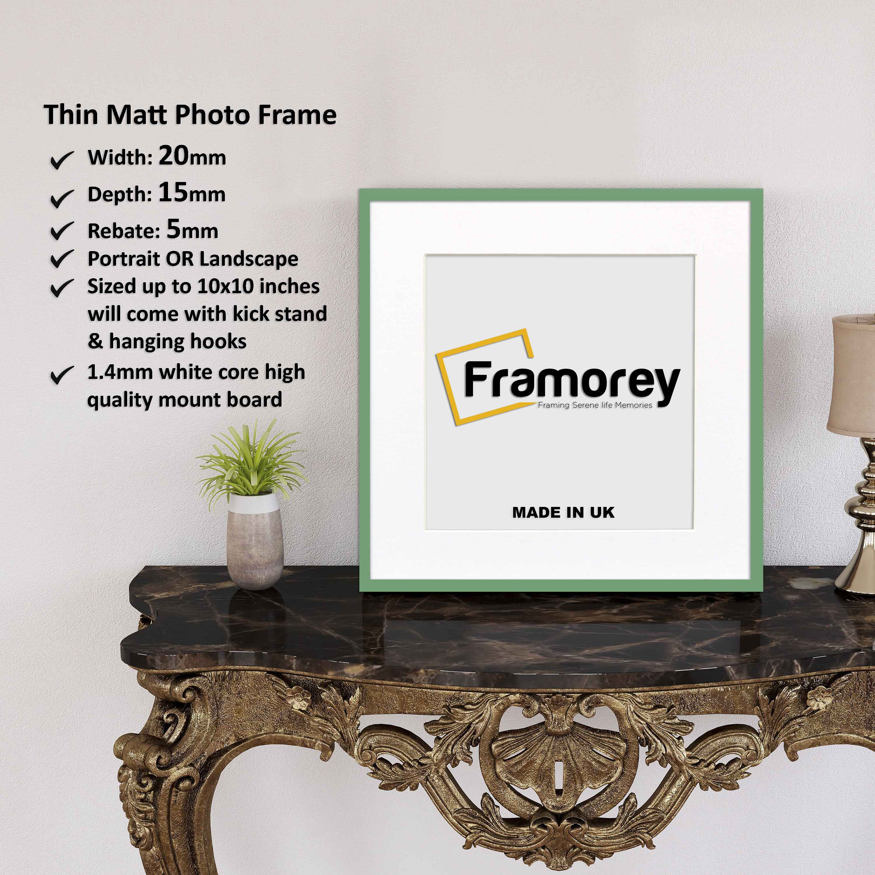 Square Size Thin Matt Green Picture Frames With White Mount