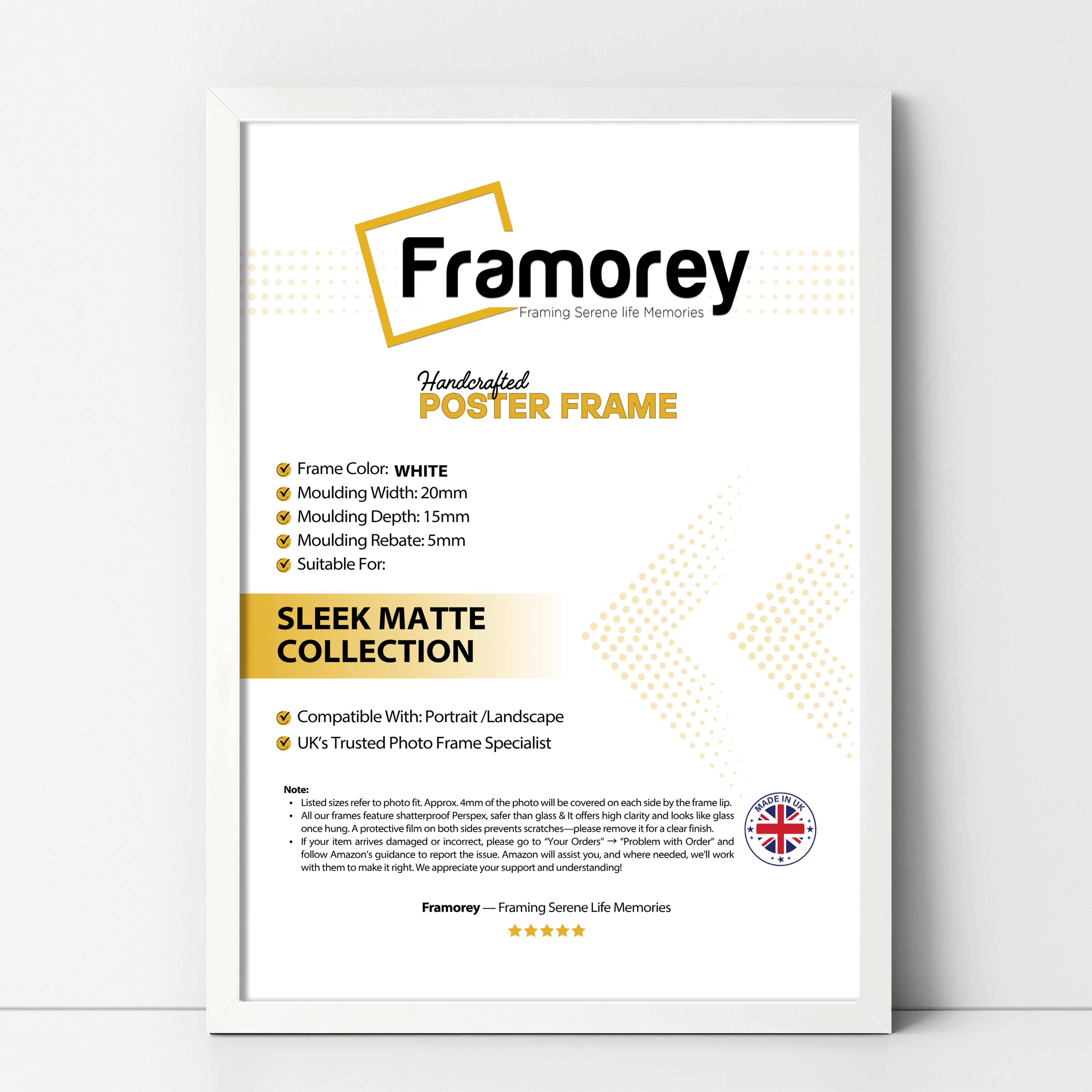 A white Framorey Thin Matt Photo Frame with specifications listed, displayed on an antique, ornately carved gold and dark marble console table. A small potted plant sits to the left of the frame.