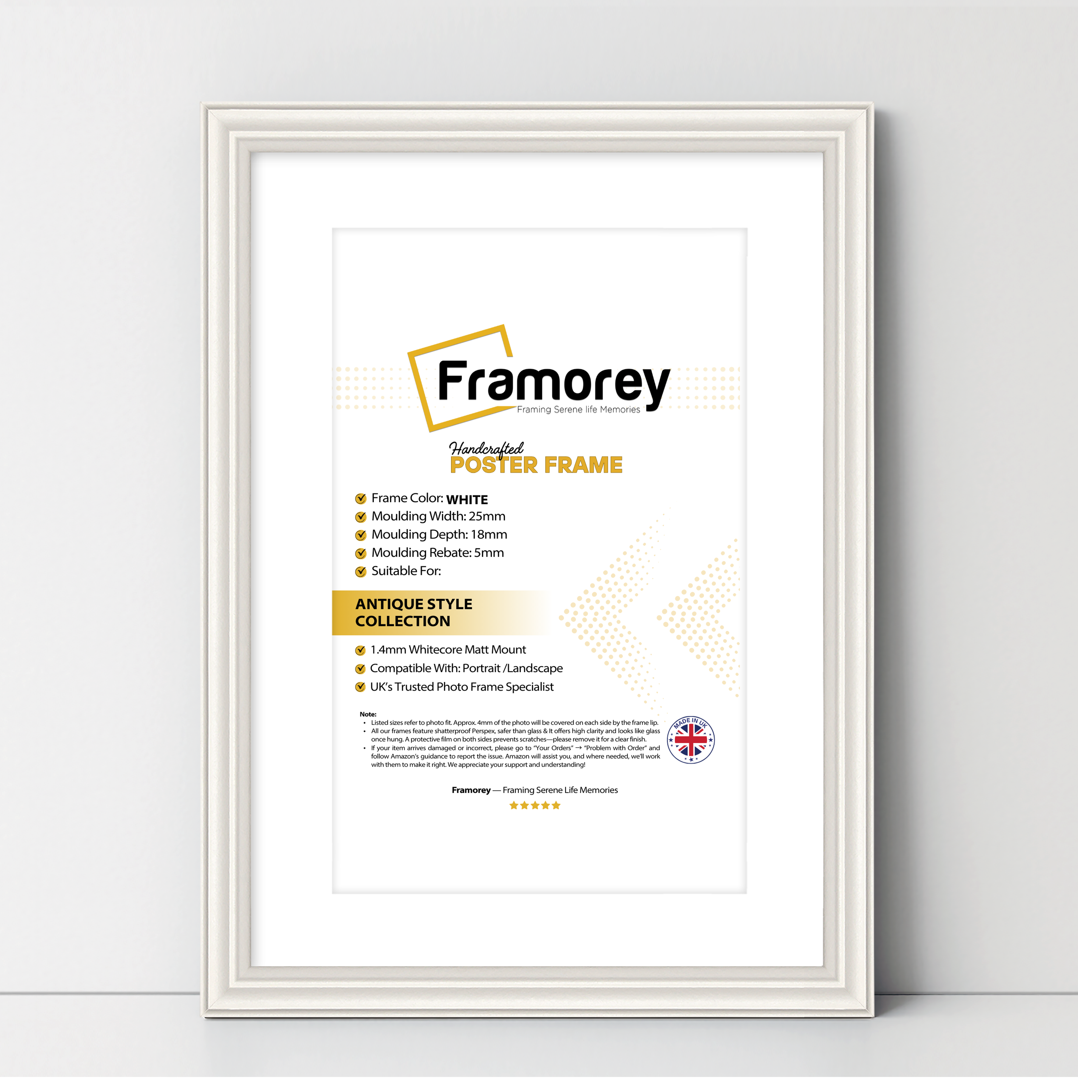 White antique-style poster frame with white mount, Framorey handmade picture frame for wall display