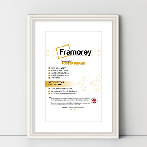 White antique-style poster frame with white mount, Framorey handmade picture frame for wall display