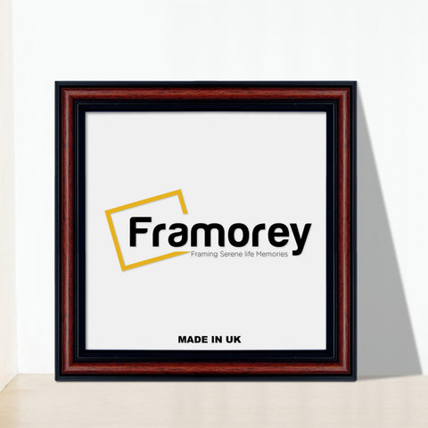Square Size Walnut Picture Frames Photo Frames leaning with the wall on a flat surface.