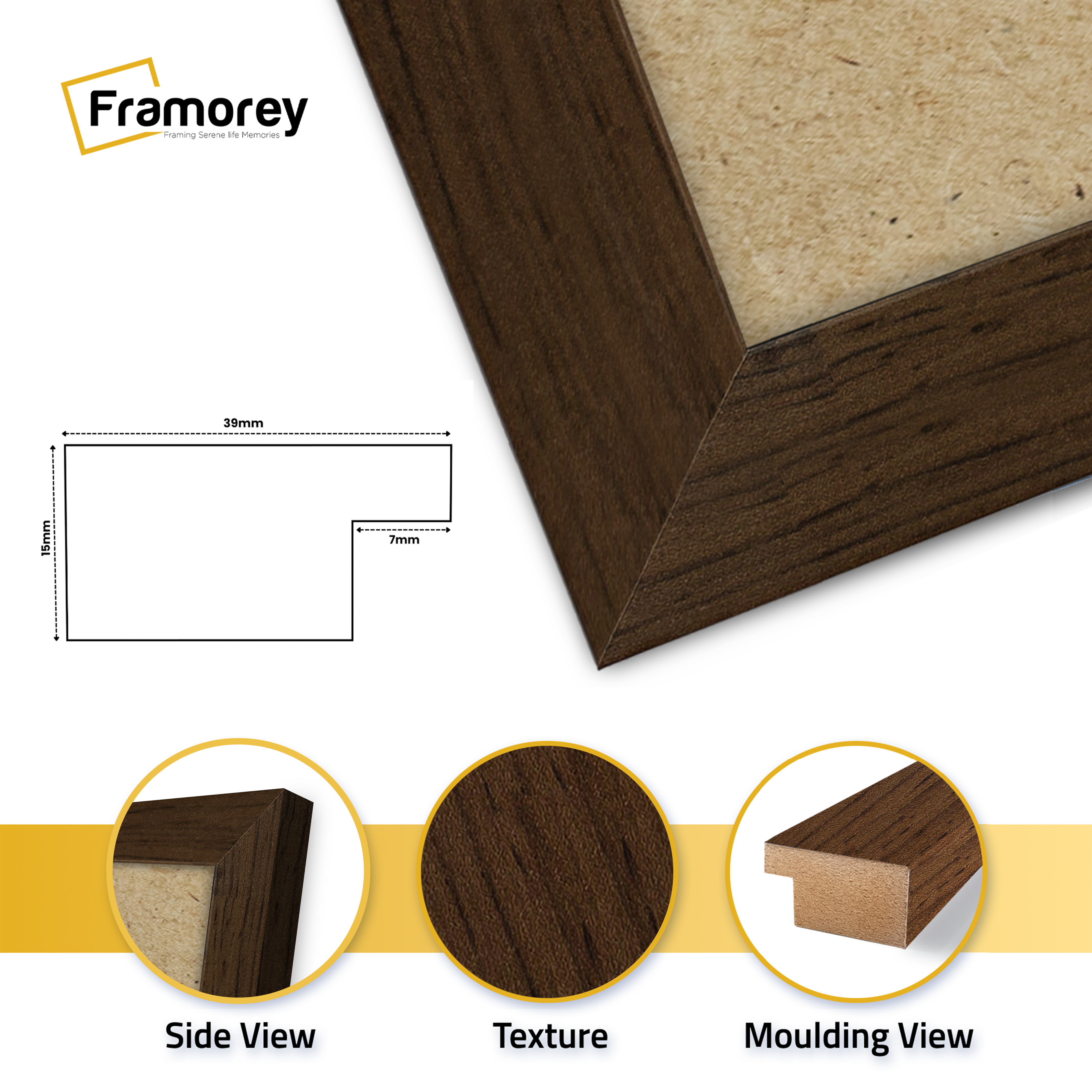 close view of walnut finish wooden picture frame Featuring Molding Side view, Texture and Material