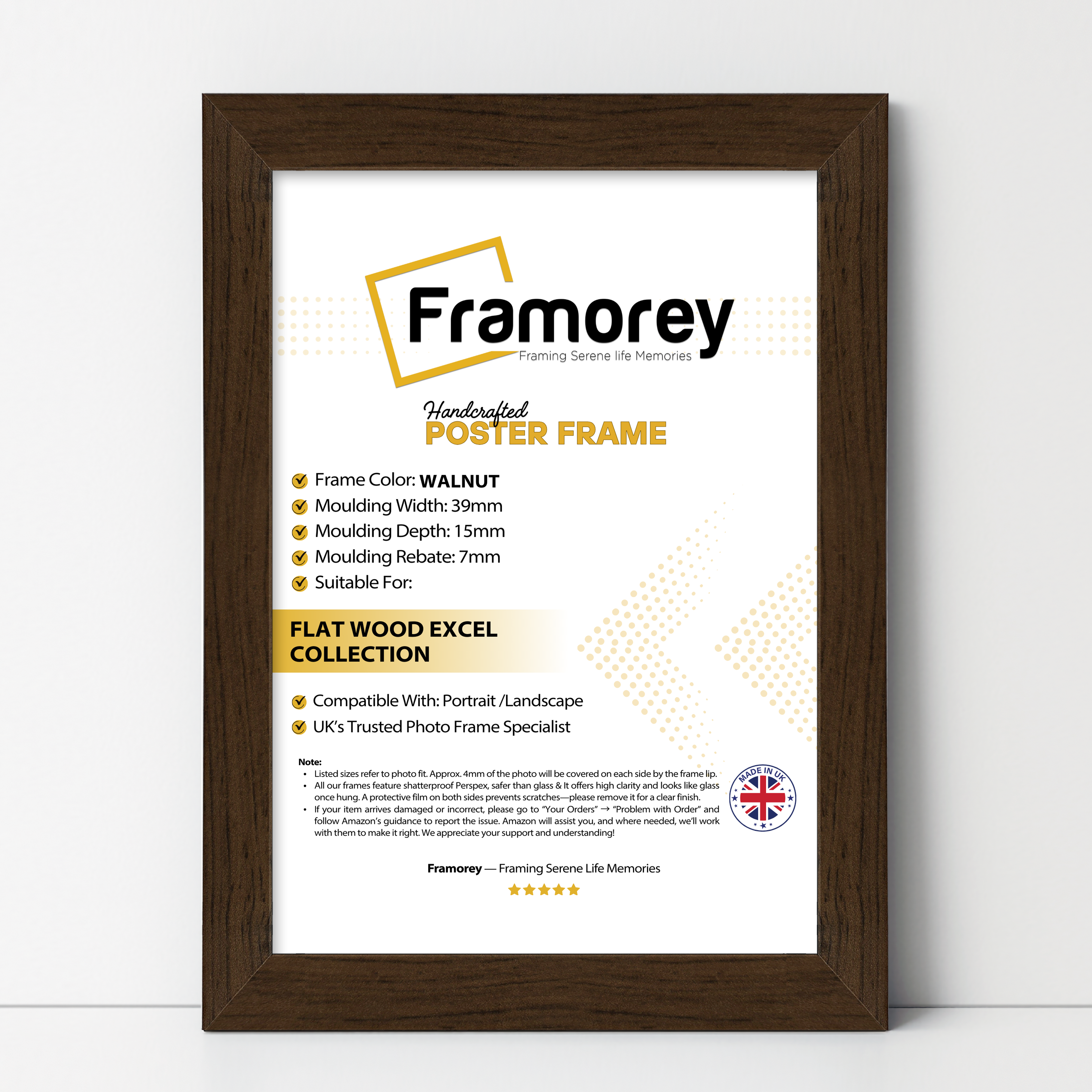 Walnut wooden poster frame, flat texture, premium wall décor frame on a White surface standing with a wall