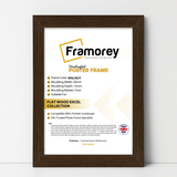 Walnut wooden poster frame, flat texture, premium wall décor frame on a White surface standing with a wall