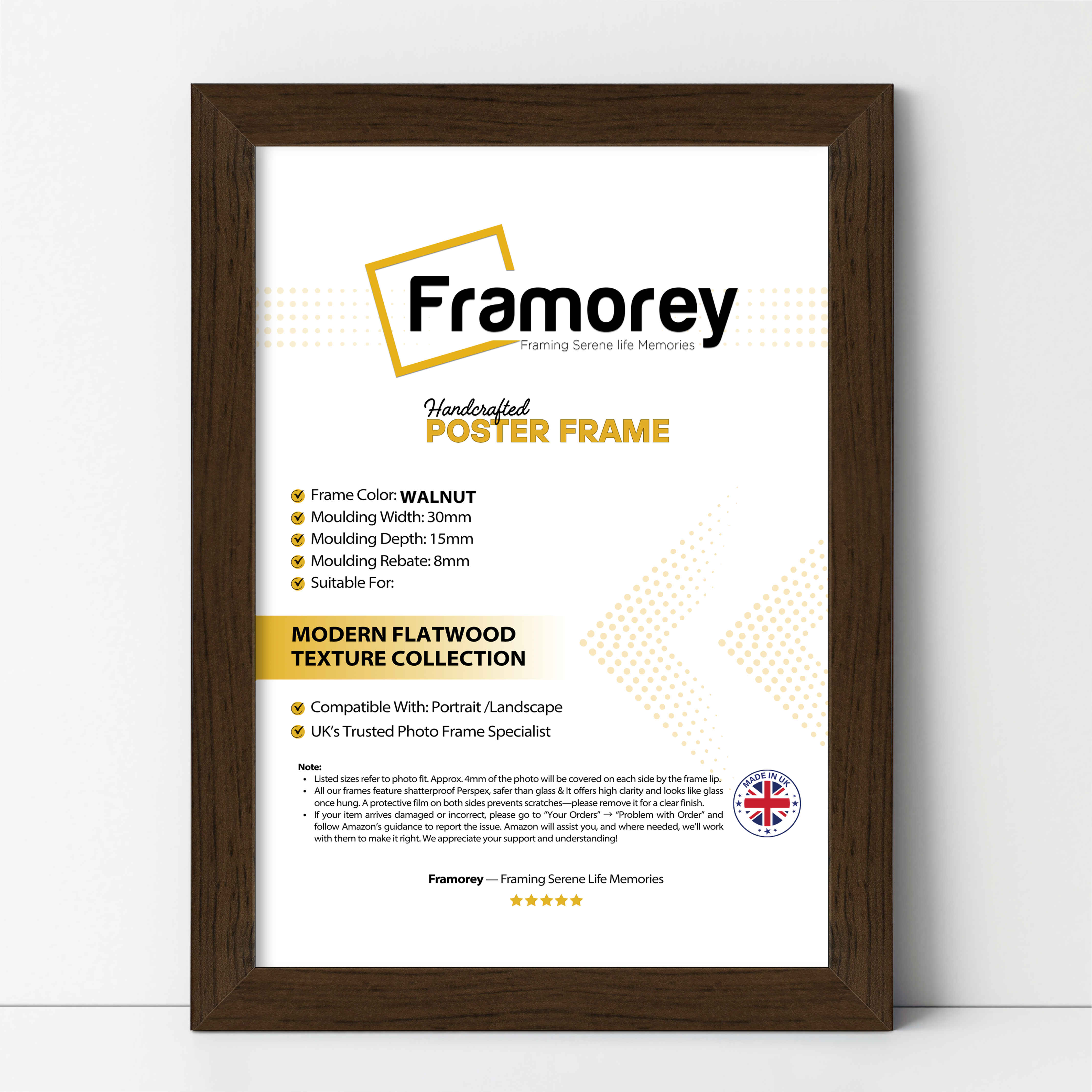 Walnut picture frame shown from front view on a plain white surface standing with a wall