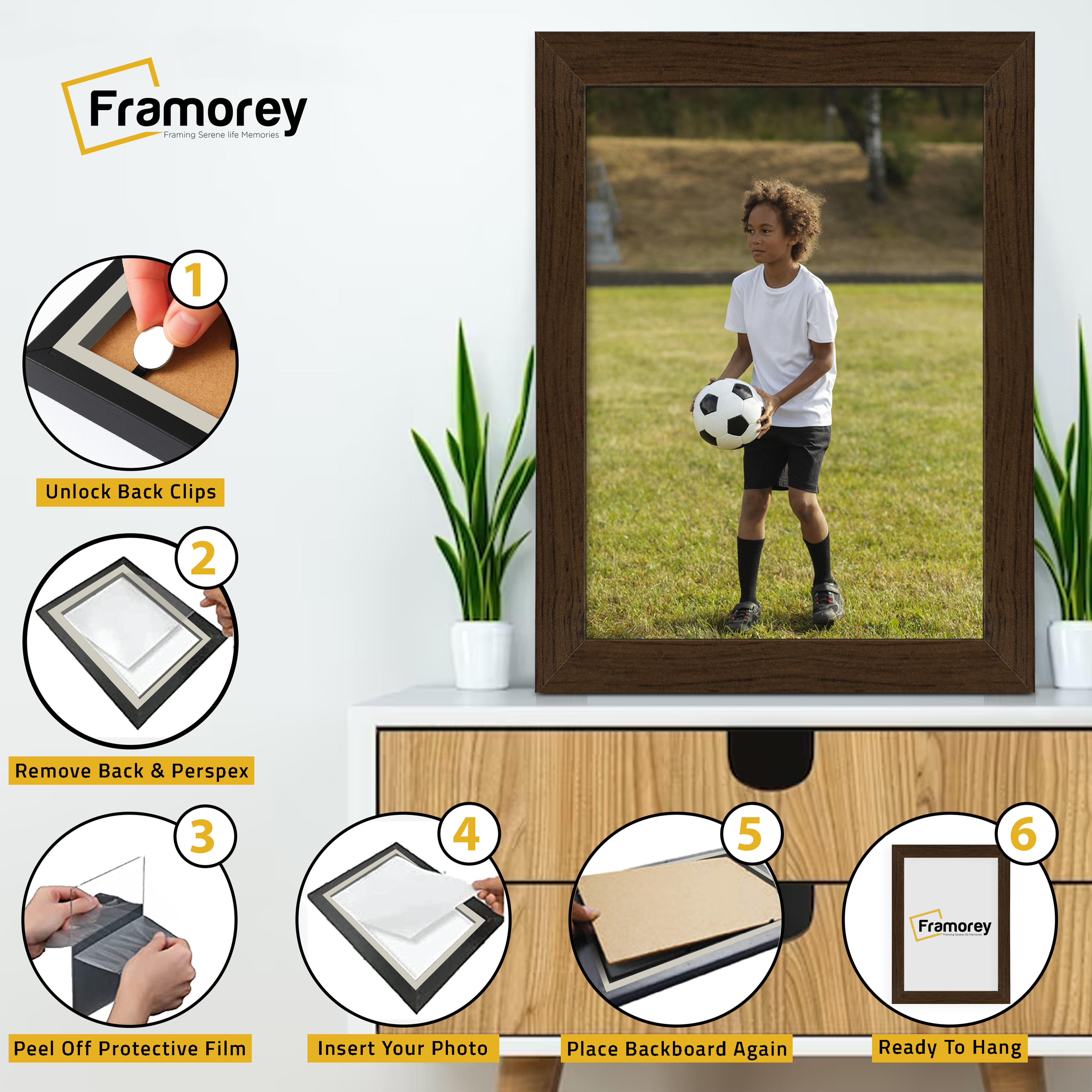illustration of how to install a walnut picture frame step by step