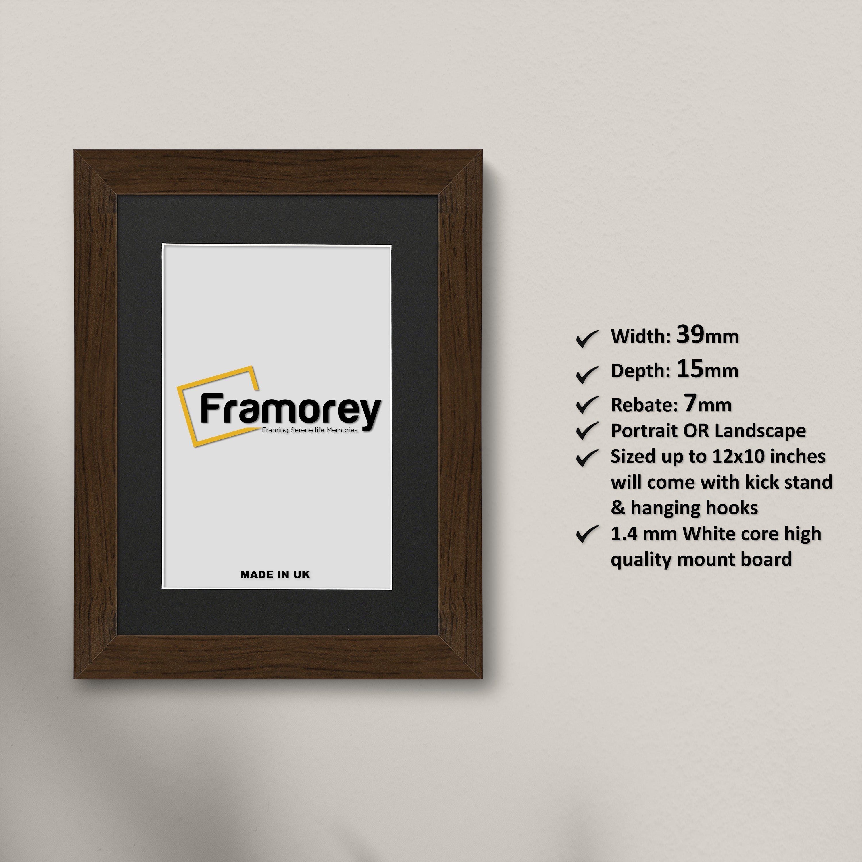 Modern walnut with black mount wood picture frame, front view dark wood photo frame for gallery wall art display