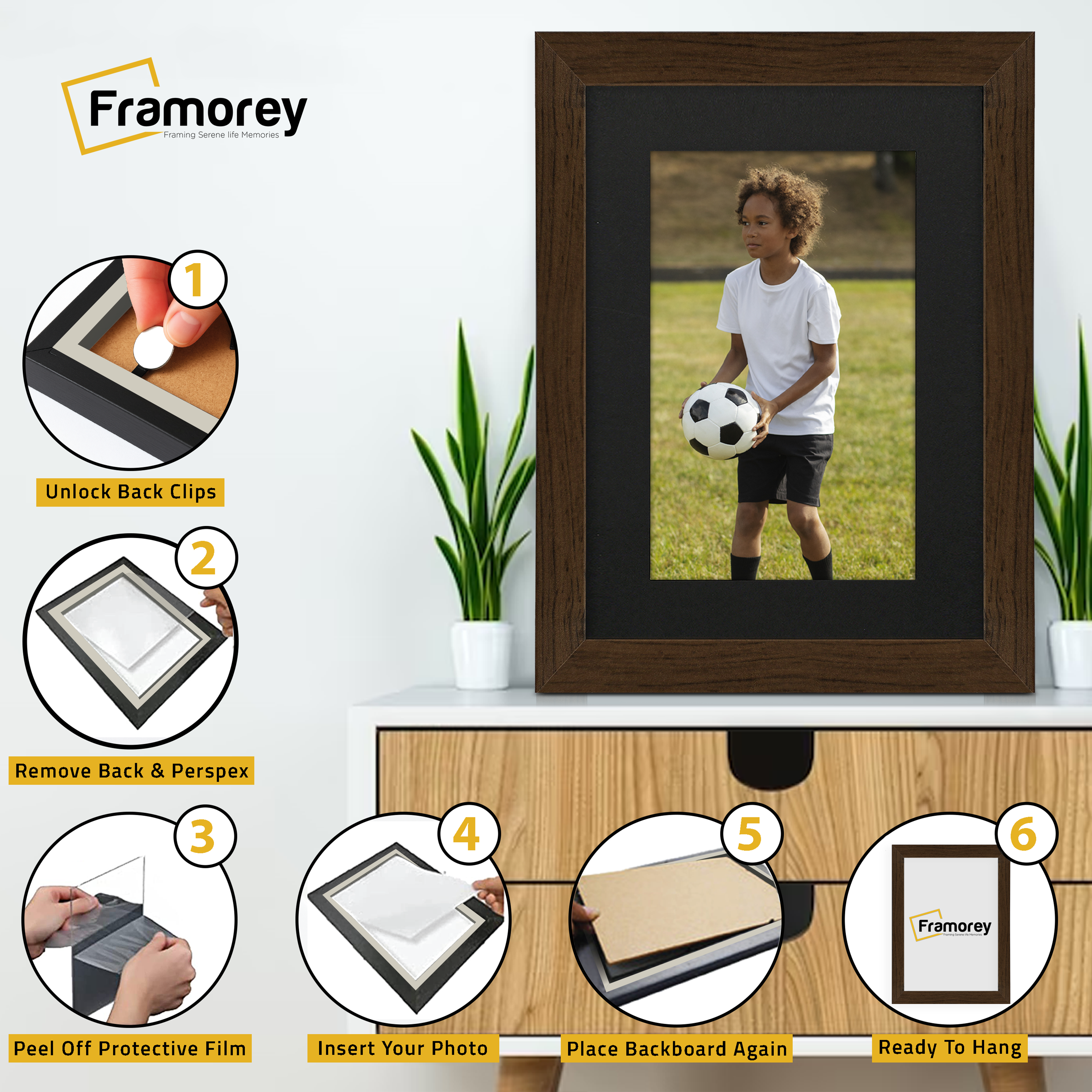 illustration of how to install a walnut with black mount picture frame step by step