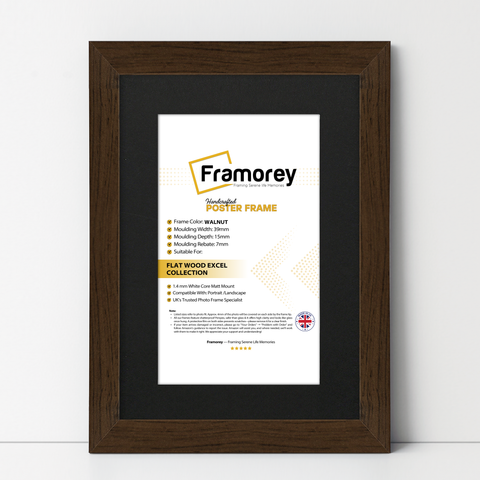 Walnut With Black wooden poster frame, flat texture, premium wall décor frame on a White surface standing with a wall
