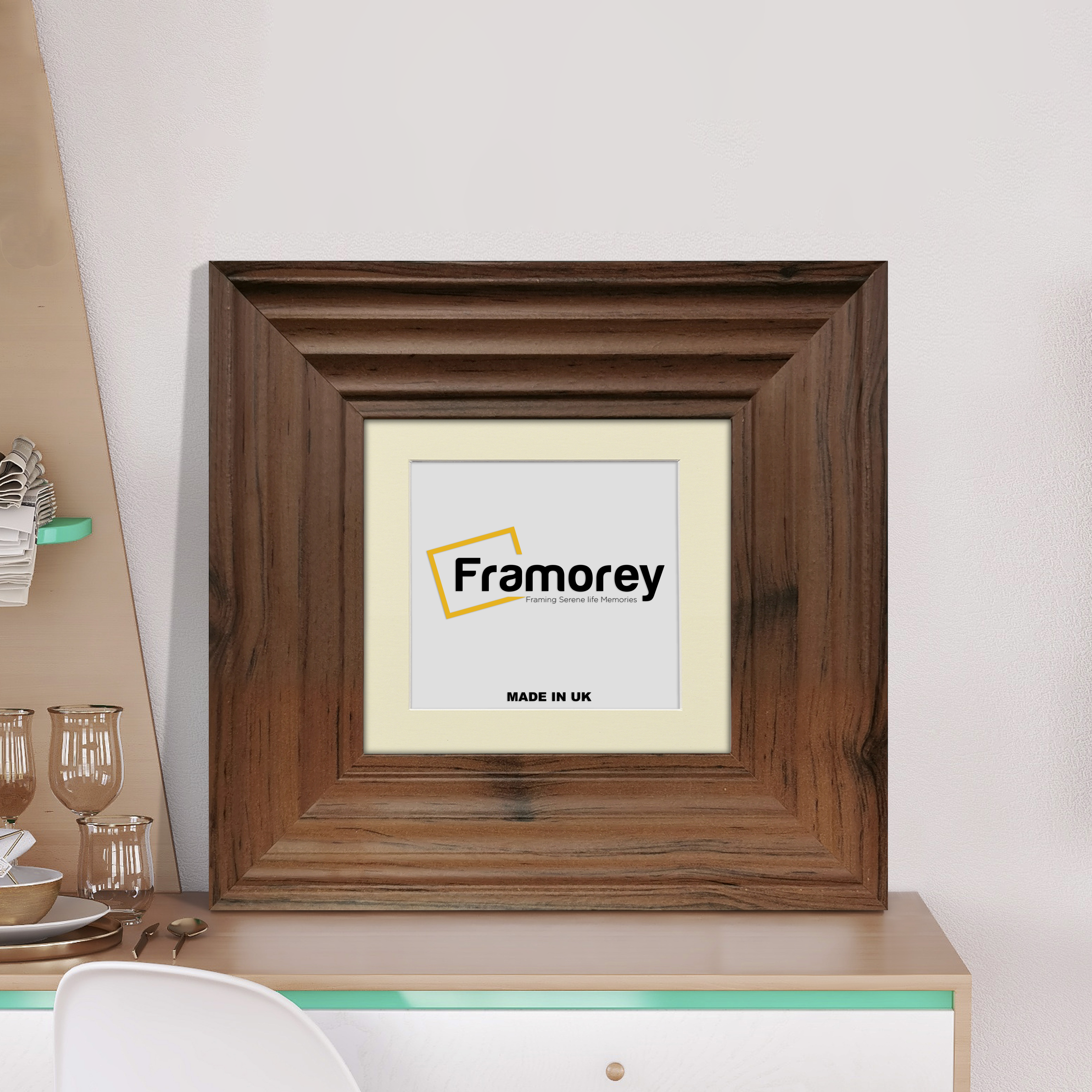 Big Step Style Walnut Wooden picture frame with ivory mount placed on a drawer.