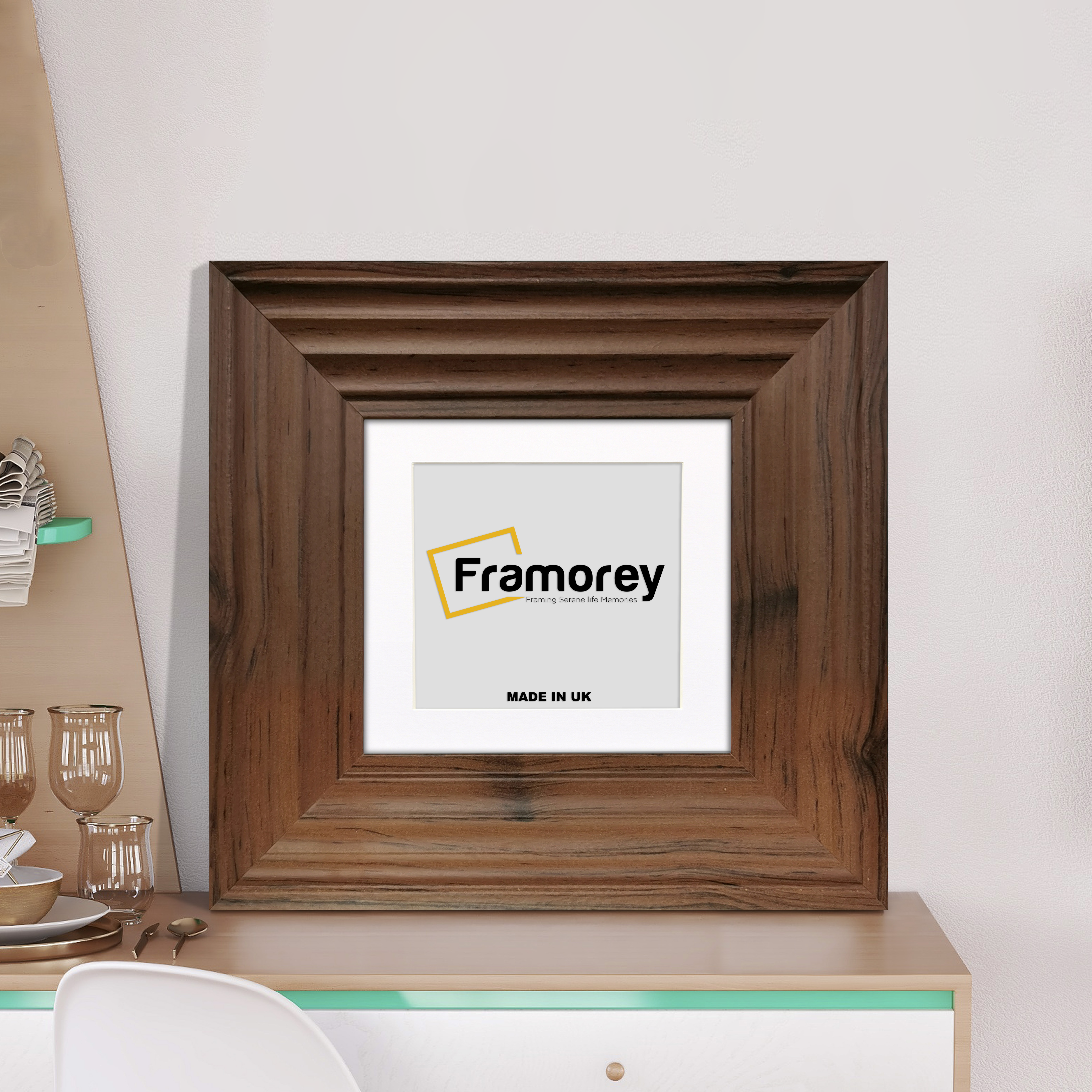 Big Step Style Walnut Wooden picture frame with white mount placed on a drawer.