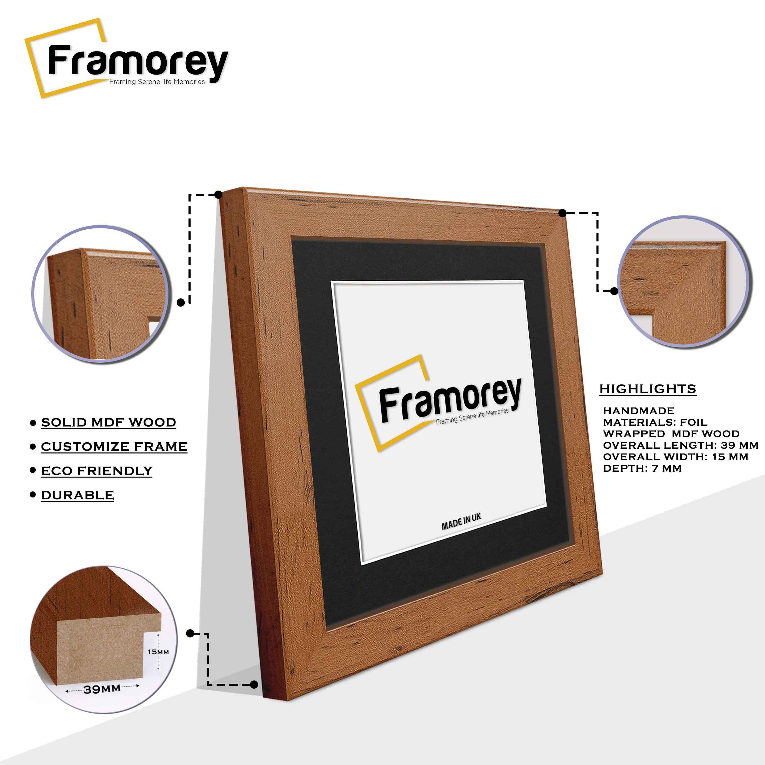 Square Size Walnut Picture Frames Handmade Wooden Photo Frames With Black Mount