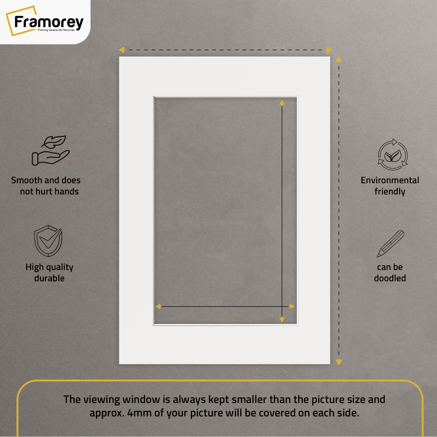 White Bevel Cut Mount with some measurements and its some features of it describe in this image.