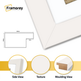 close view of white finish wooden picture frame with white mount Featuring Molding Side view, Texture and Material