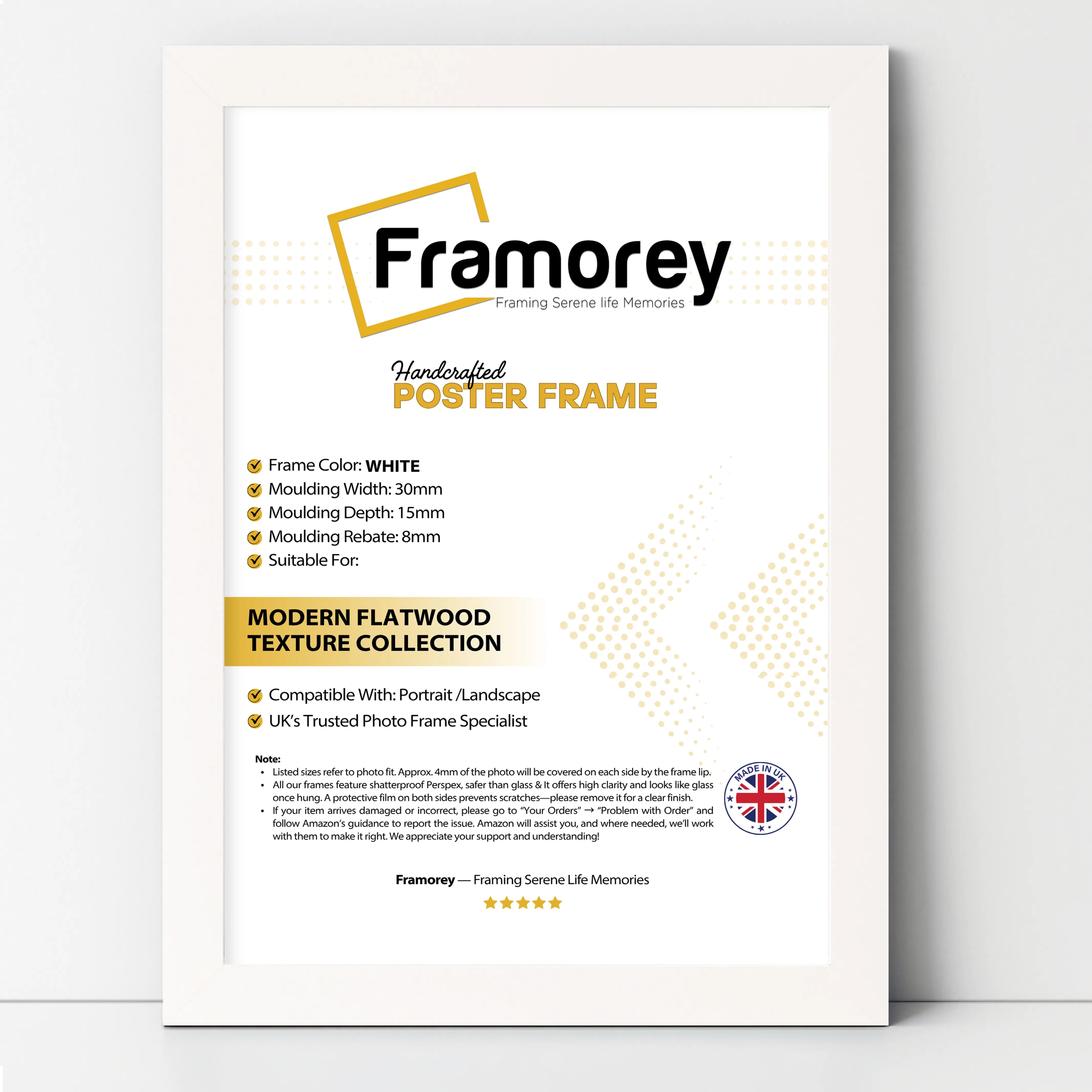 White picture frame shown from front view on a plain white surface standing with a wall