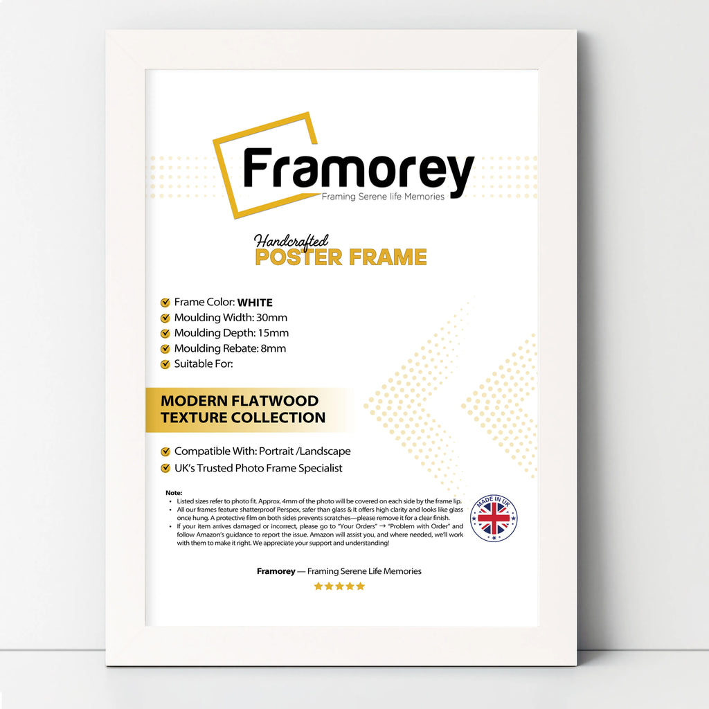 White picture frame shown from front view on a plain white surface standing with a wall