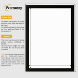 white picture frame size guide line diagram showing outer picture frame dimensions and inner opening dimensions,  plus brief usage notes